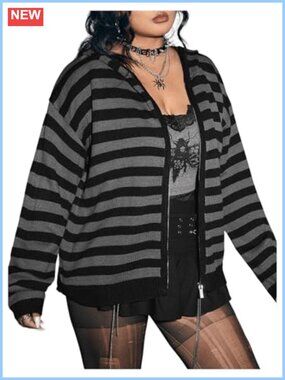 Plus Size Striped Hooded Cardigan Sweater Long Sleeve Zip Up Casual